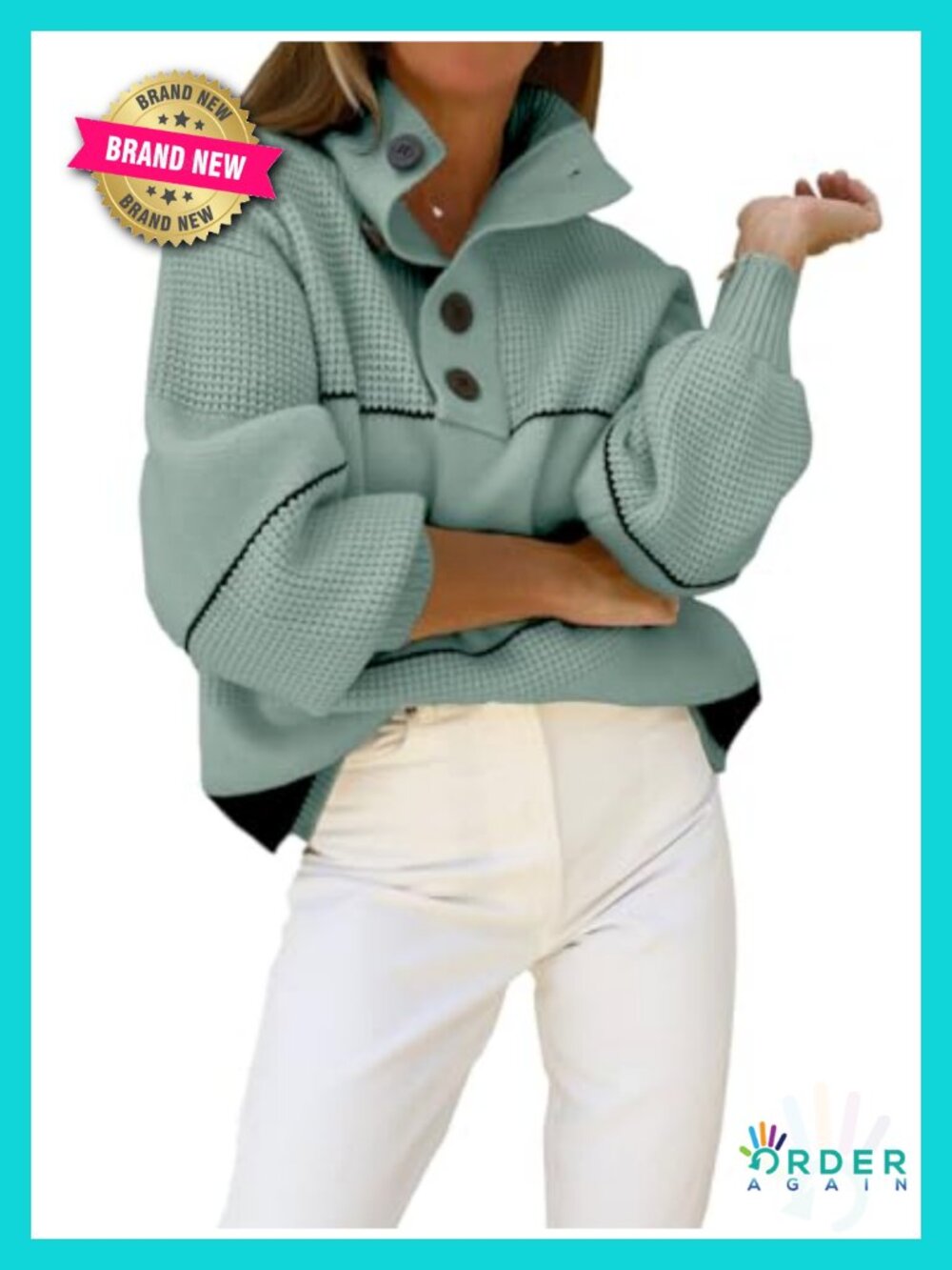 Waffle Knit Slouchy Striped Polo Collared Long Sleeve Pullover Sweater